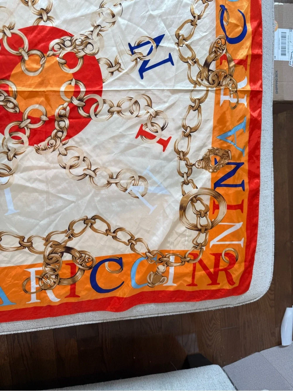 Vintage Nina Ricci Cream, Orange & Red Silk Scarf with Gold Chain Motif